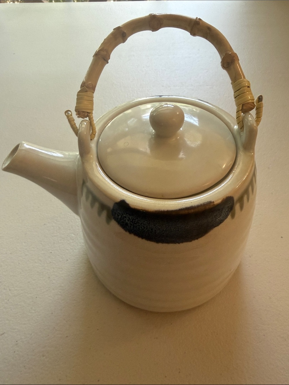 Cost Plus World Market Cream Ceramic Teapot with Bamboo Handle Dark Blue Accents
